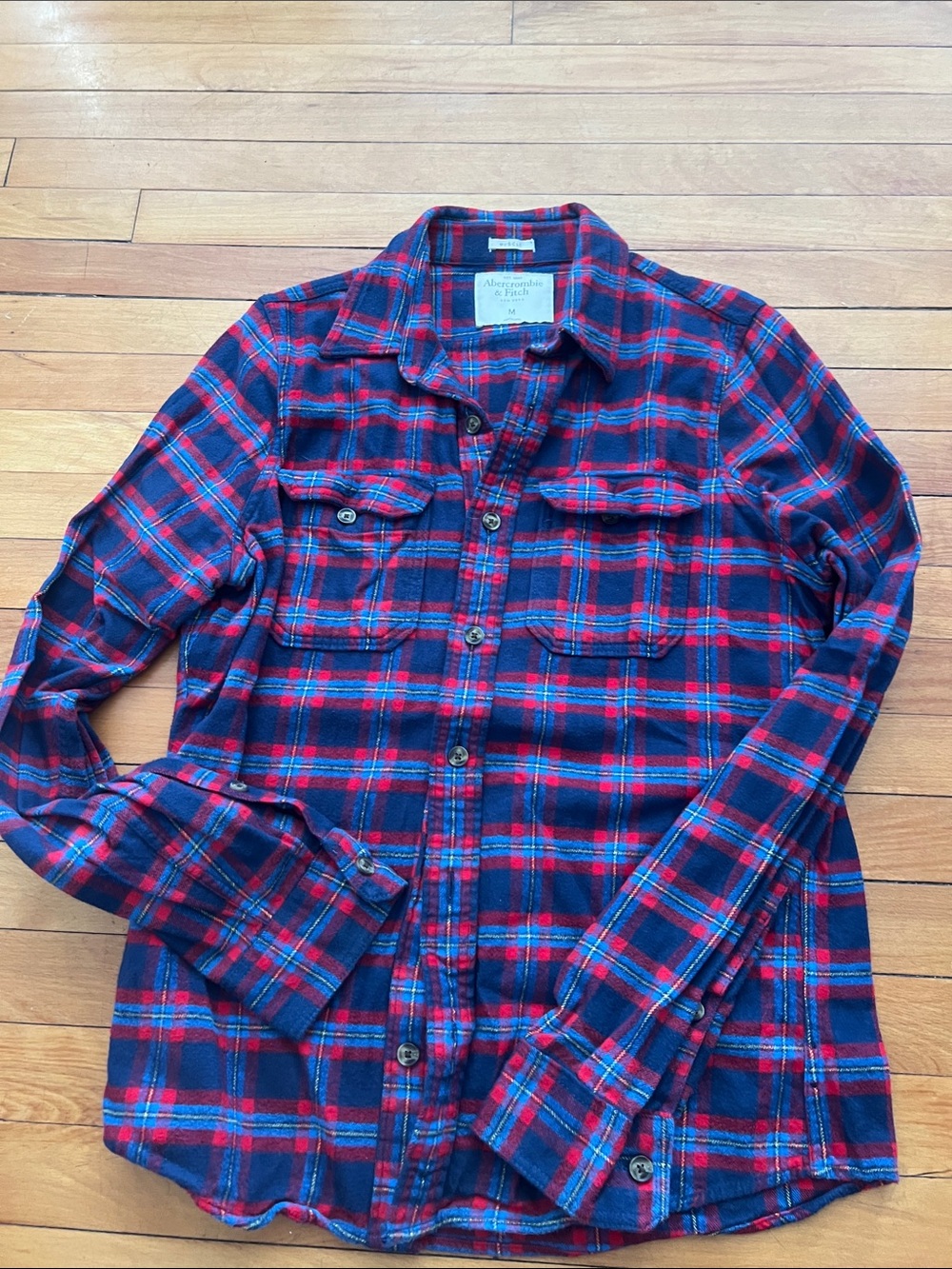 Abercrombie & Fitch Men's Red & Navy Plaid Flannel Shirt - size M